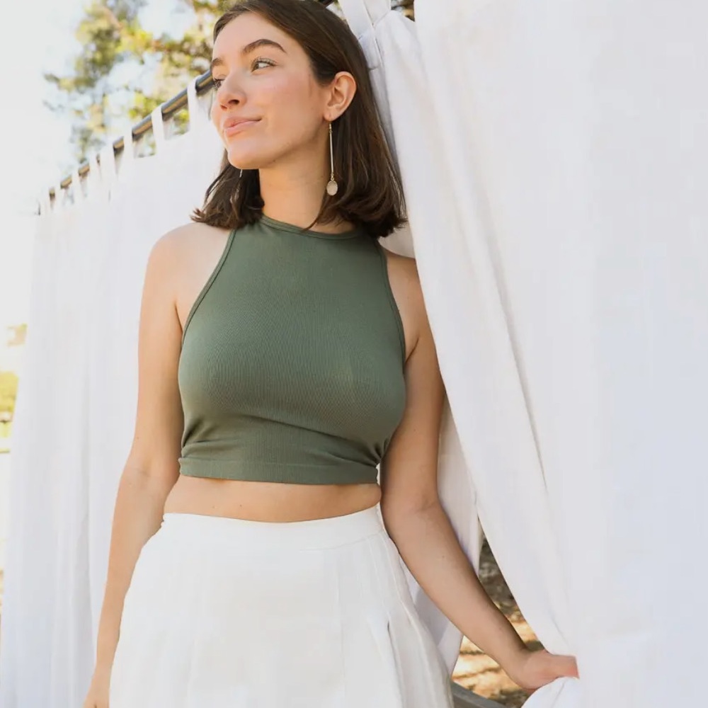Ribbed High-Neck Crop Tank Top - Olive Green